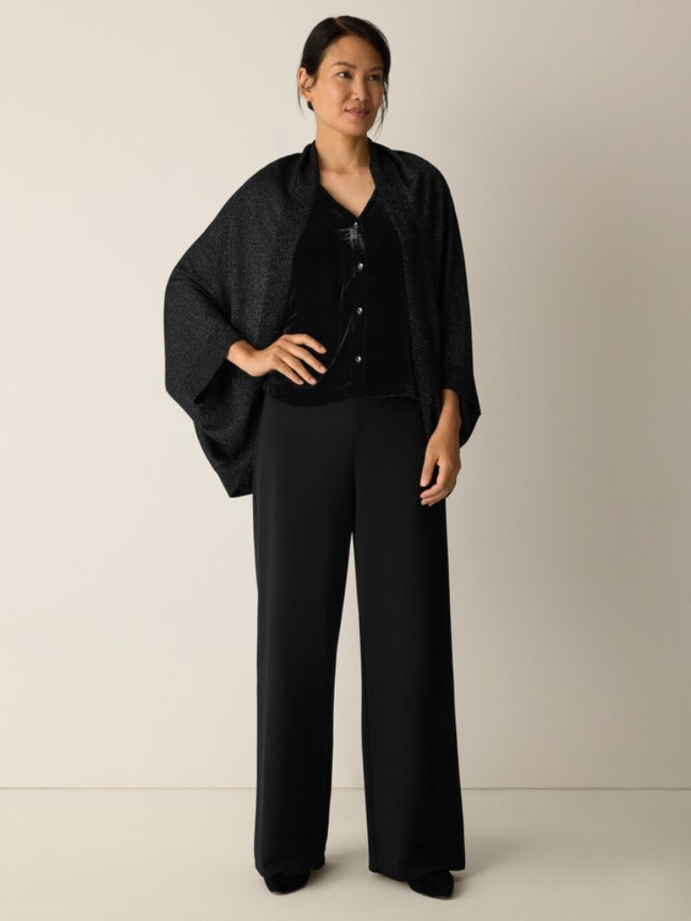 NWT Eileen Fisher Black Extra merino Shimmer Serape Shrug